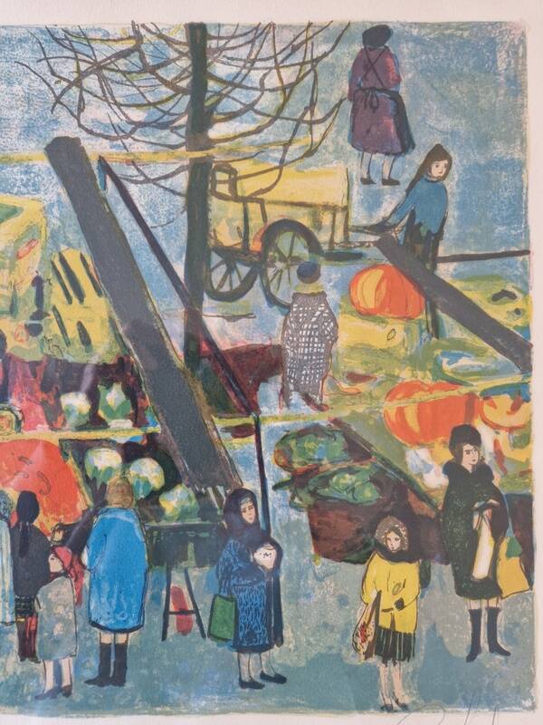 Lithographie en couleurs, Scène de marché, Nathalie Chabrier (née en 1932)