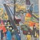 Lithographie en couleurs, Scène de marché, Nathalie Chabrier (née en 1932)