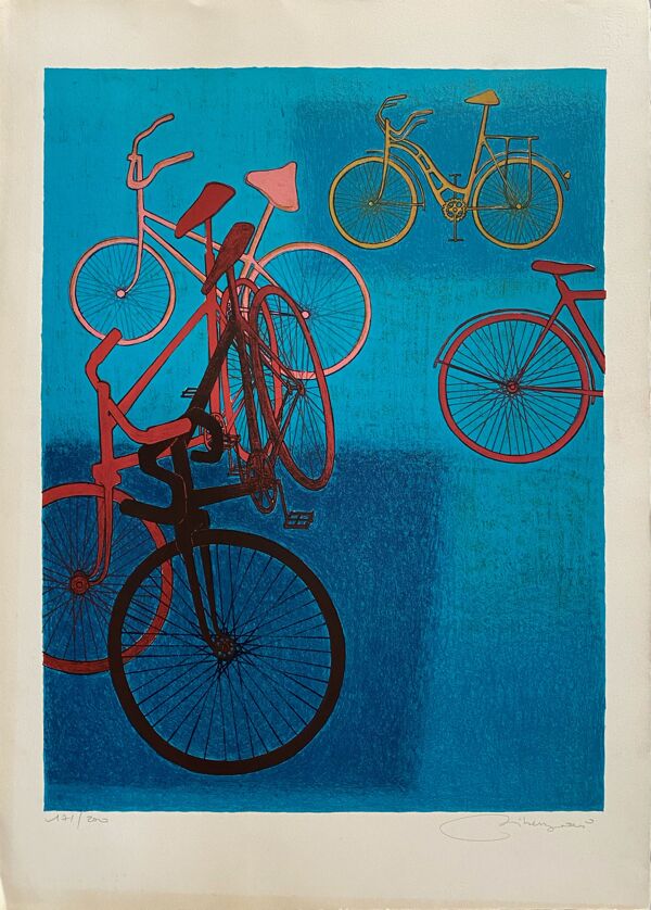 Lithographie par Daniel Riberzani ''Bicyclettes