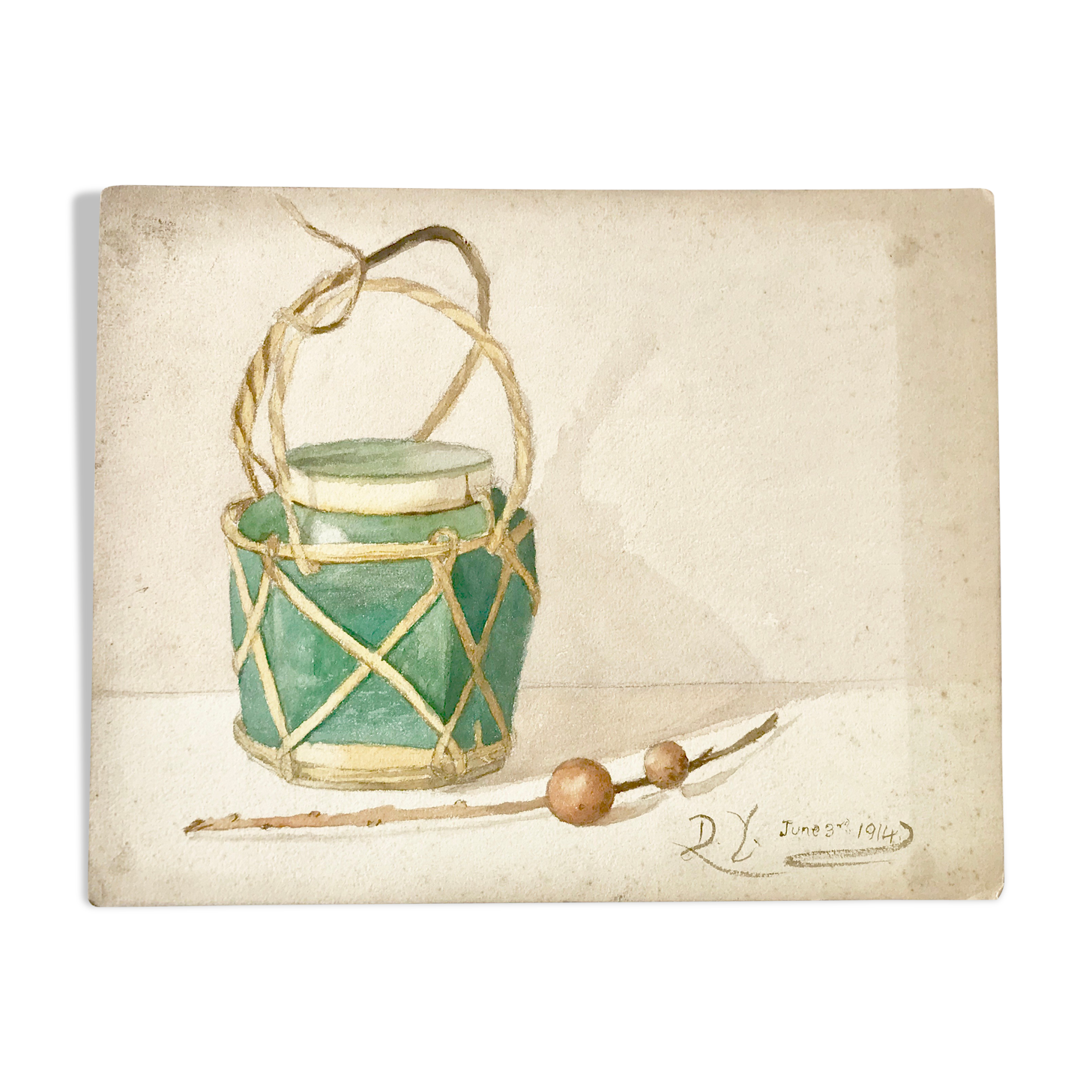 Old watercolor depicting a still life at the tea box