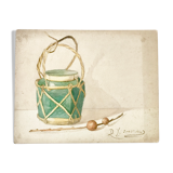 Old watercolor depicting a still life at the tea box