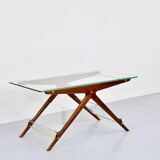 Table basse italienne en acajou, laiton et verre