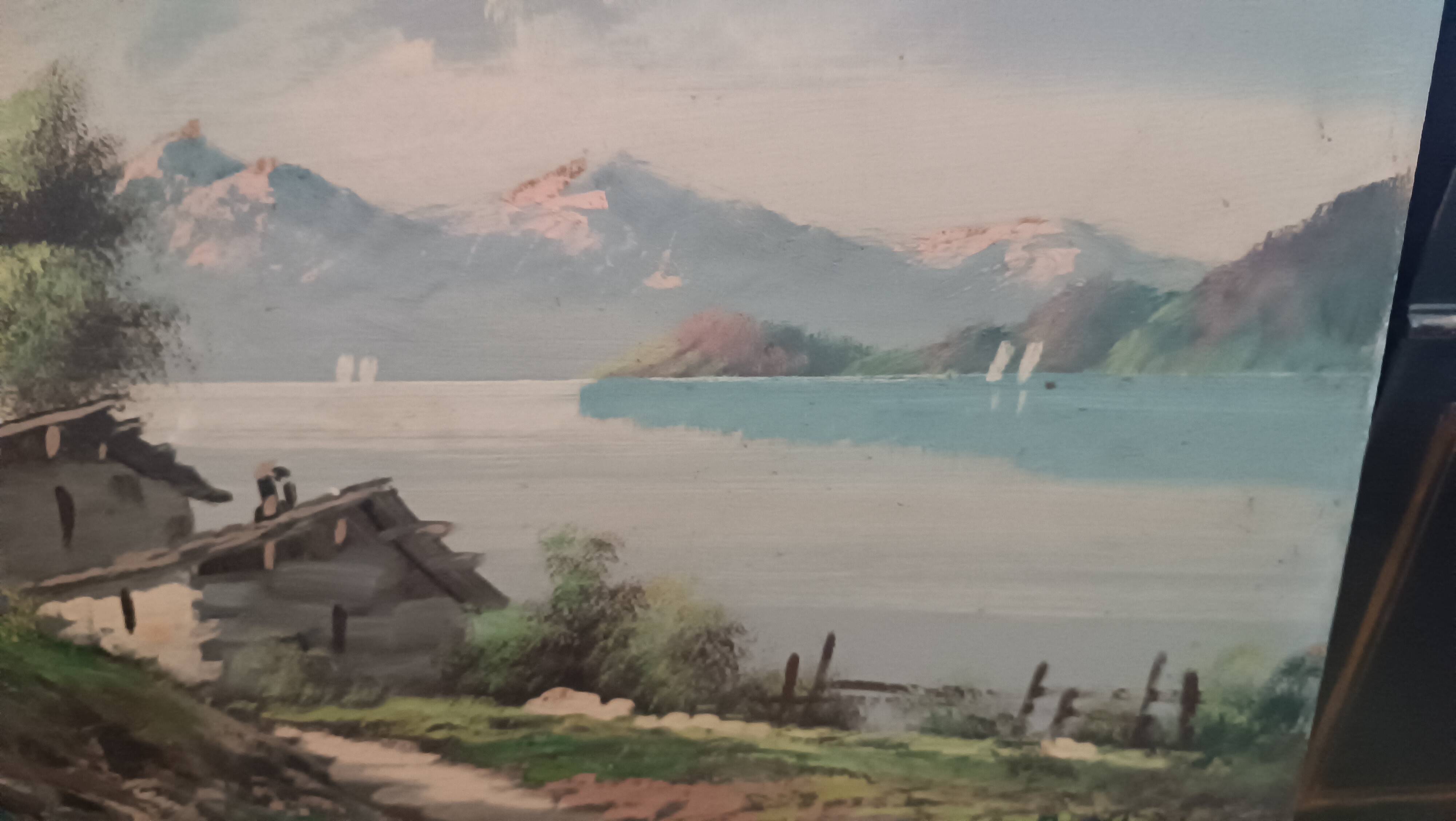 Tableau paysage montagne lac alpes signé pini années 1950