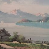 Tableau paysage montagne lac alpes signé pini années 1950