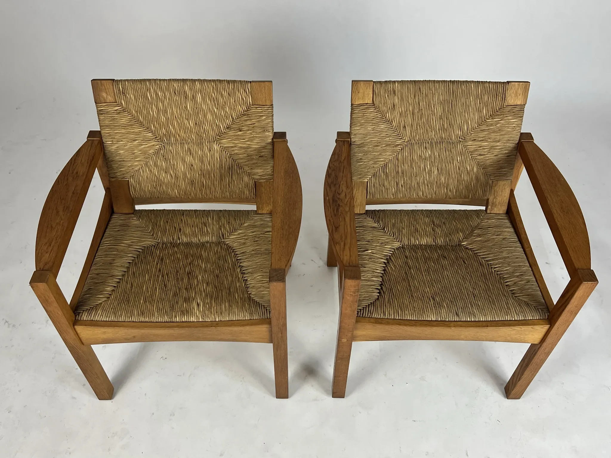 Set of 2 Vintage armchair easy chairs oak & seagrass 60s mid-century