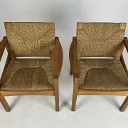 Set of 2 Vintage armchair easy chairs oak & seagrass 60s mid-century