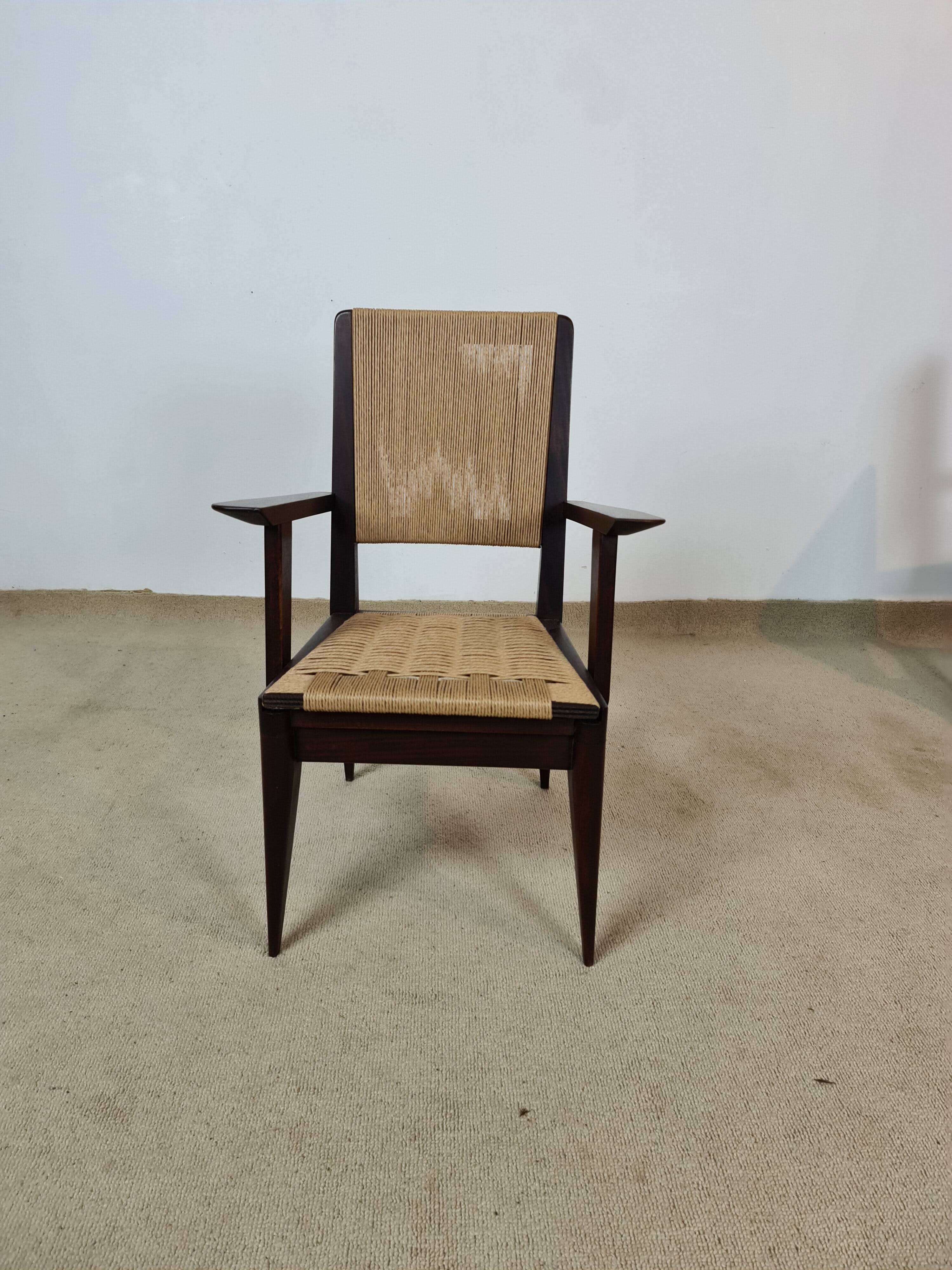 4 French mahogany and rope chairs 1950s