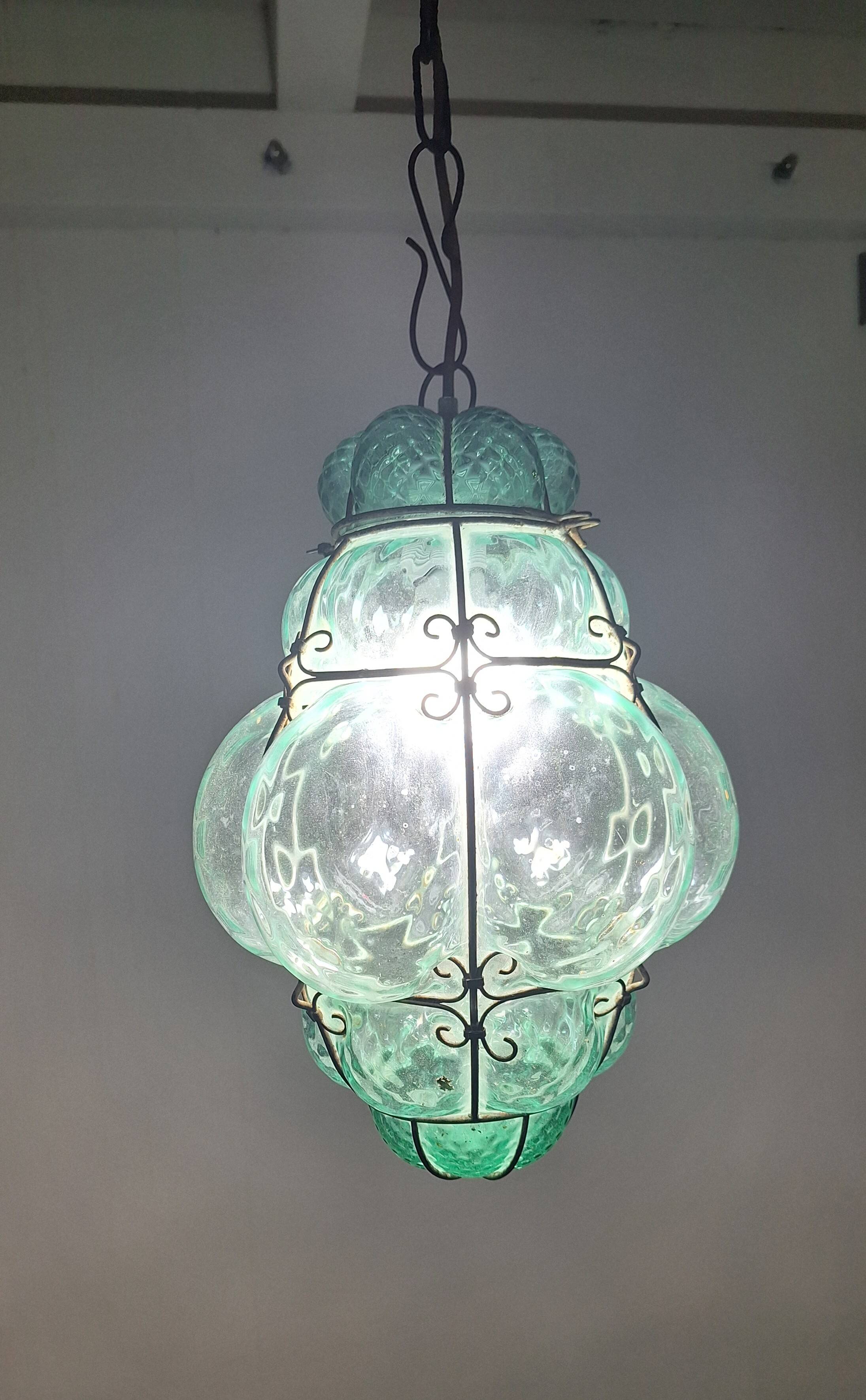 Green Seguso Murano Caged Glass Lantern, Italy, 1940s