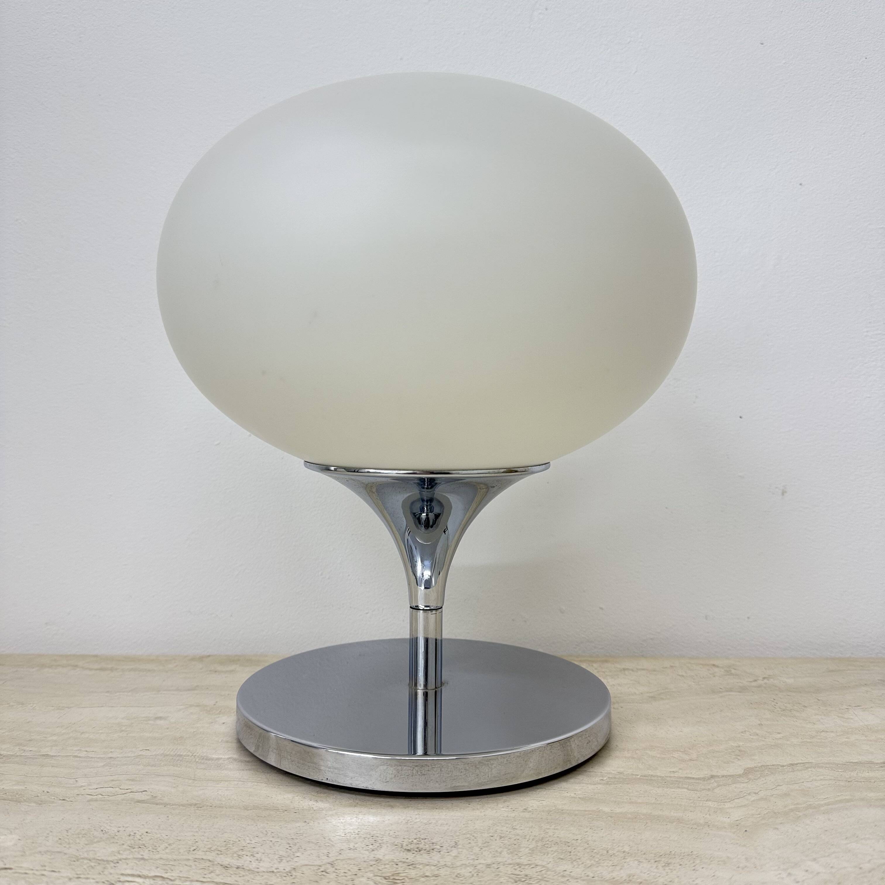 Opaline glass chromed steel & cast iron Space Age lamp by Kaiser Leuchten,