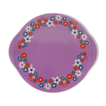 Assiette à gâteau des années 1970 en céramique Staffel avec glaçure violette et décor floral.