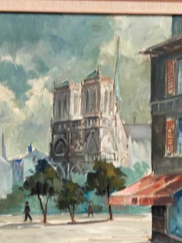 Huile sur toile du milieu du siècle – « Scène de ville » par WB, signée, vintage et encadrée 40×47cm