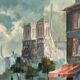 Huile sur toile du milieu du siècle – « Scène de ville » par WB, signée, vintage et encadrée 40×47cm