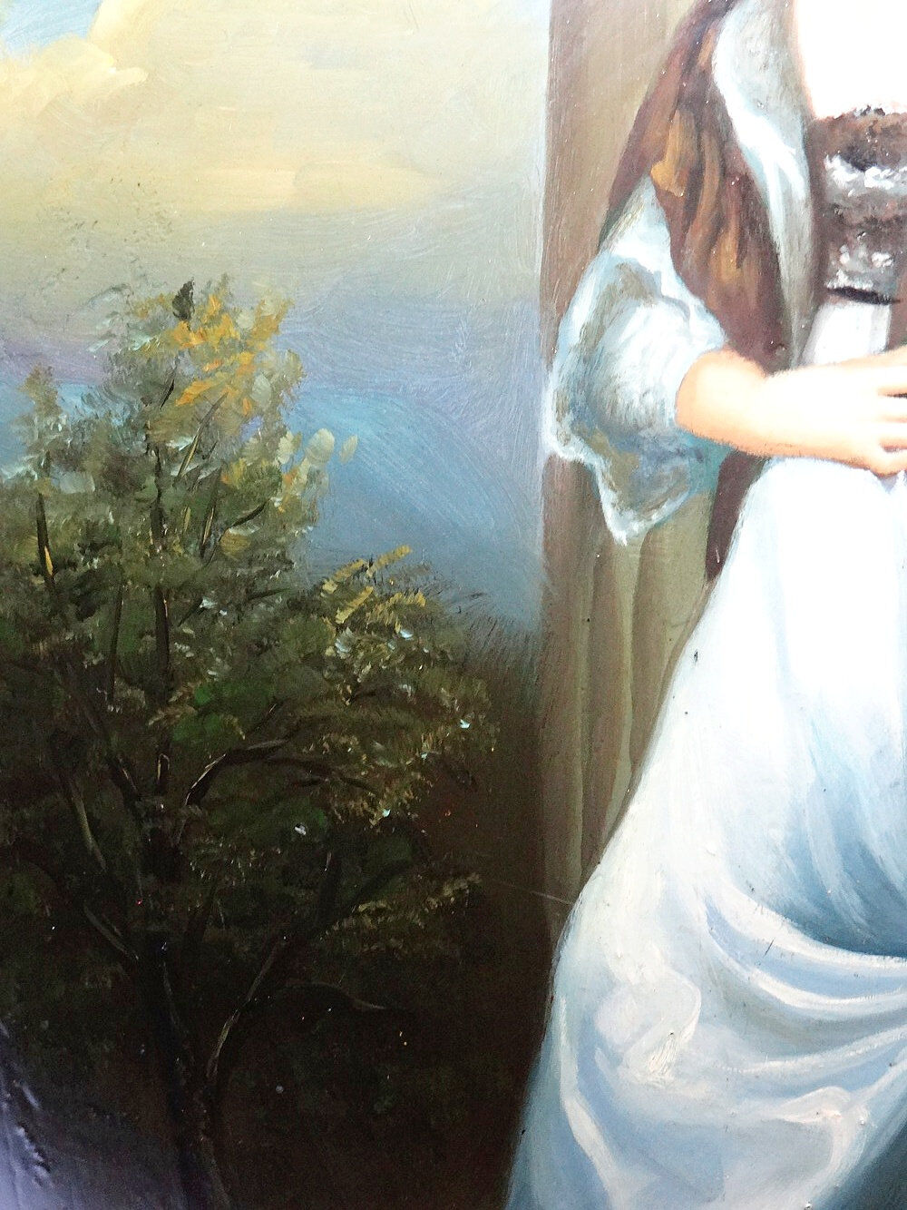 Elegant grand portrait medallion oil on curved Venetian wood vintage