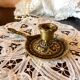 Hand candle holder medieval style solid brass twentieth century