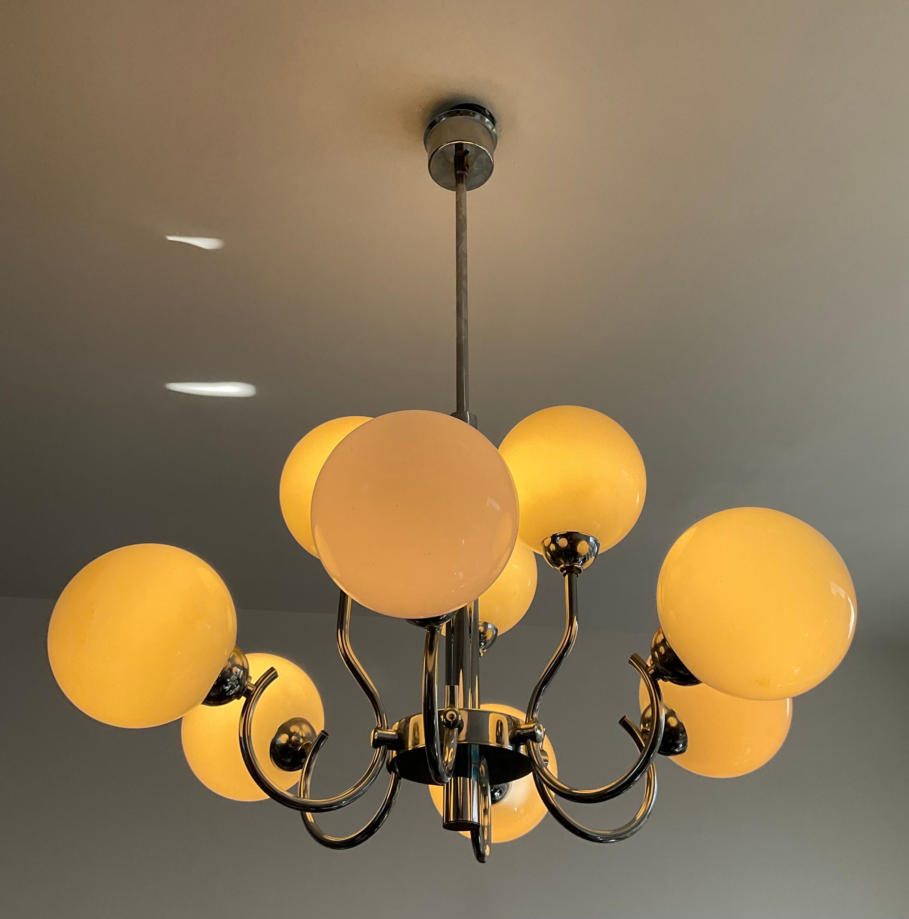 Space age chandelier in opaline and chrome metal
