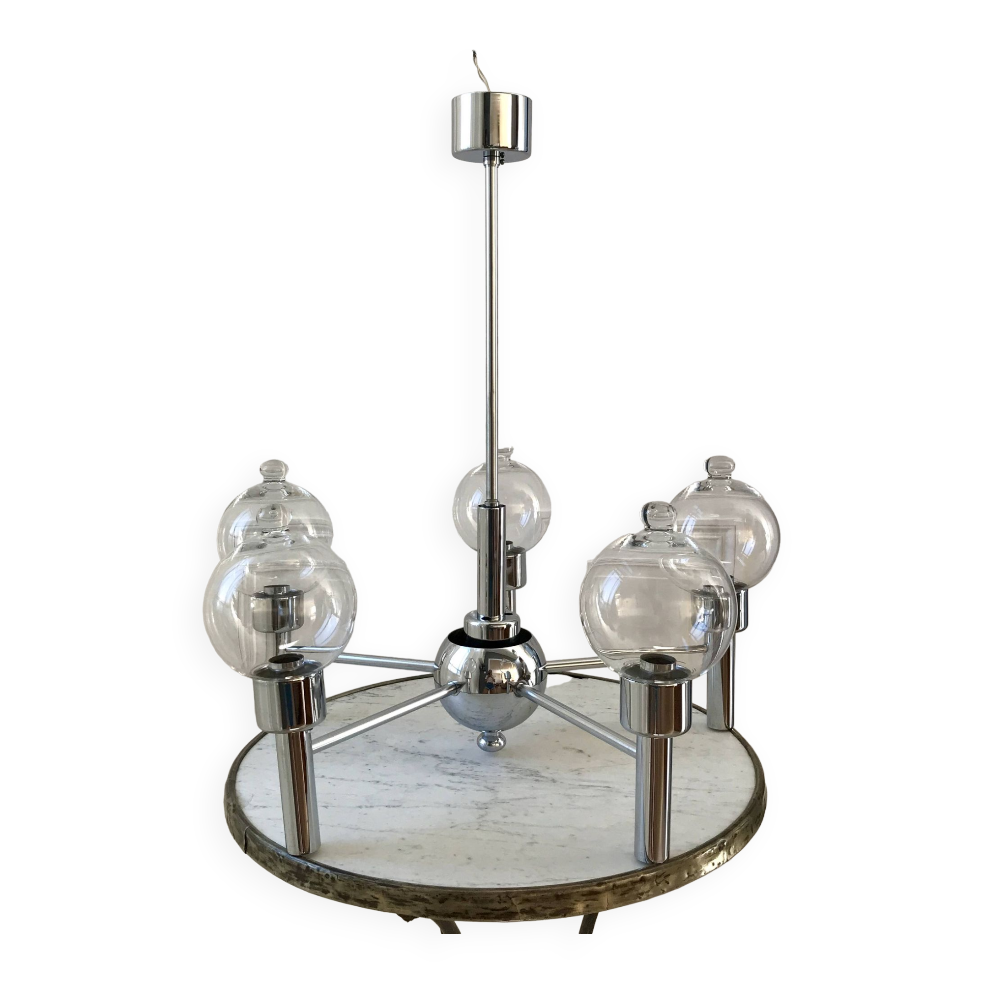 suspension design en chrome et boules en verre 5 feux Space Age années 70