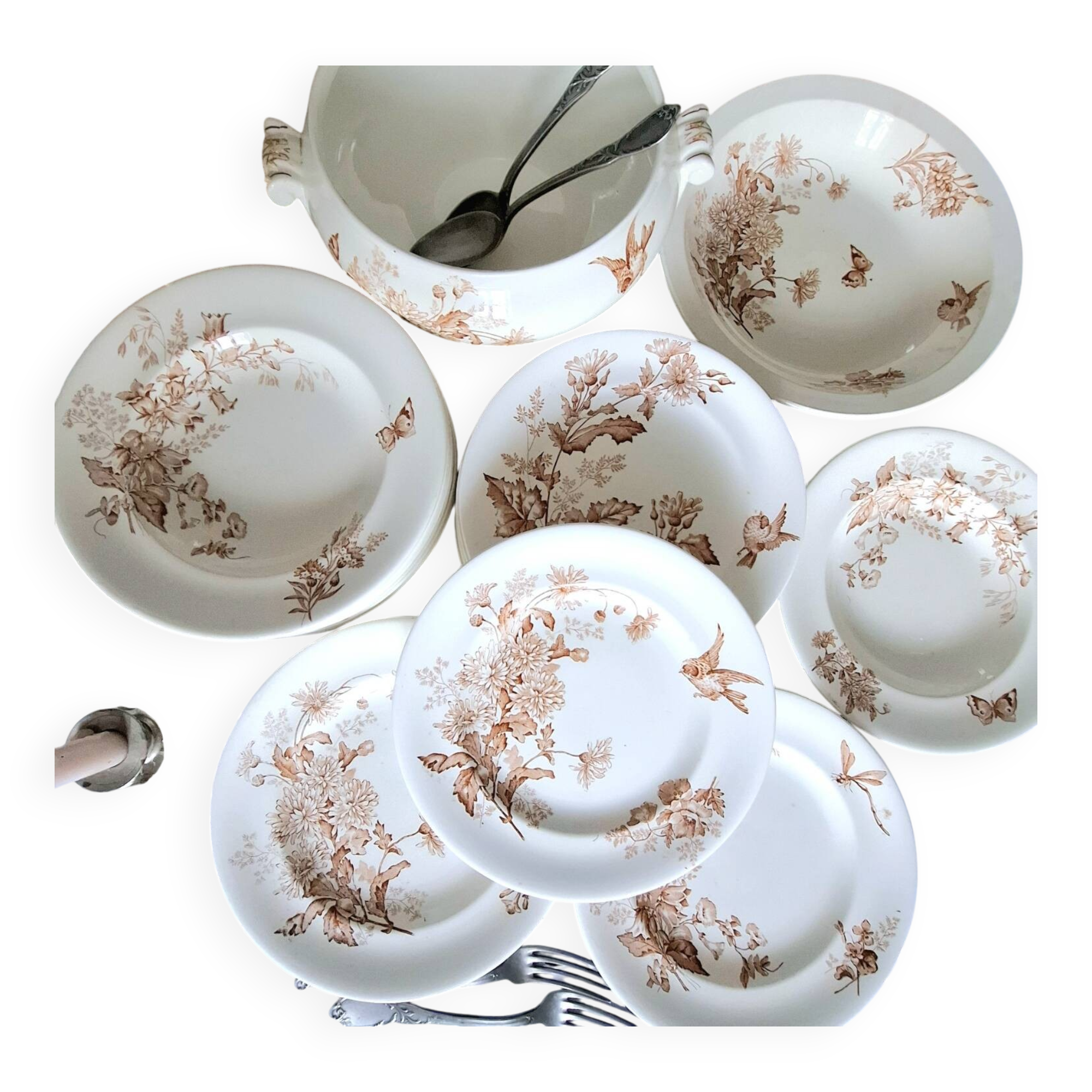 Antique iron earthenware plates accompanied by dishes