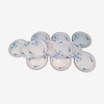 Lot de 12 petites assiettes en porcelaine décor petites fleurs bleues