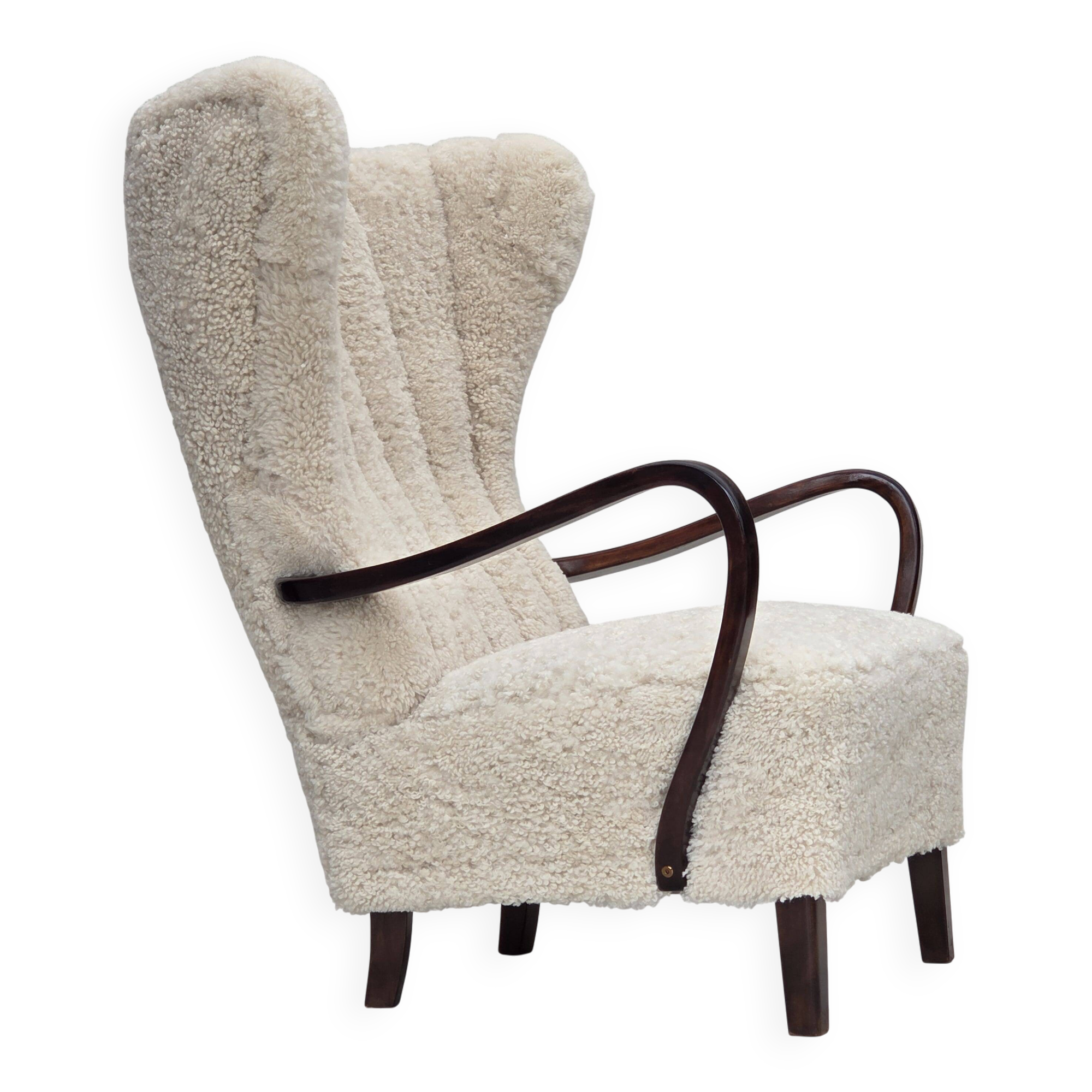 1960s, Danish high-back armchair, genuine sheepskin, reupholstered.