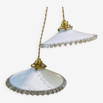 Pair of vintage pendant lights in opaline and transparent serrated edges