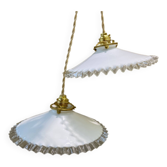 Pair of vintage pendant lights in opaline and transparent serrated edges