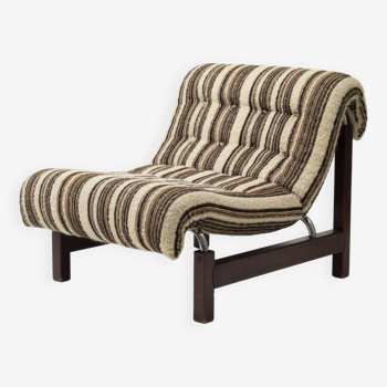 Chaise basse en bois, métal et tissu bouclé rayé, Pays-Bas, années 1970