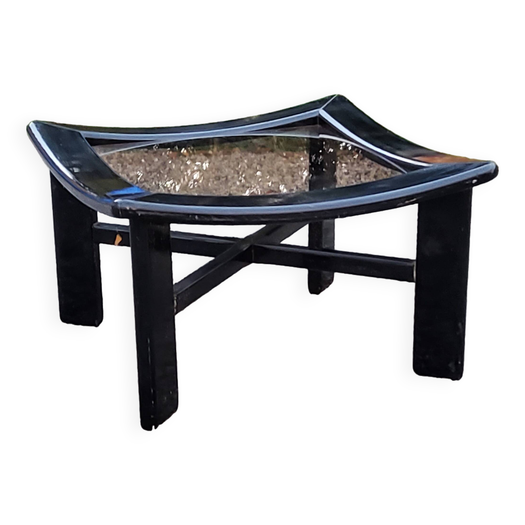 70s design coffee table in black lacquered wood with smoked glass top