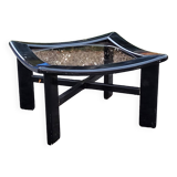 70s design coffee table in black lacquered wood with smoked glass top