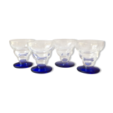 4 anciens verres à liqueur, pieds bleus et verre gravé