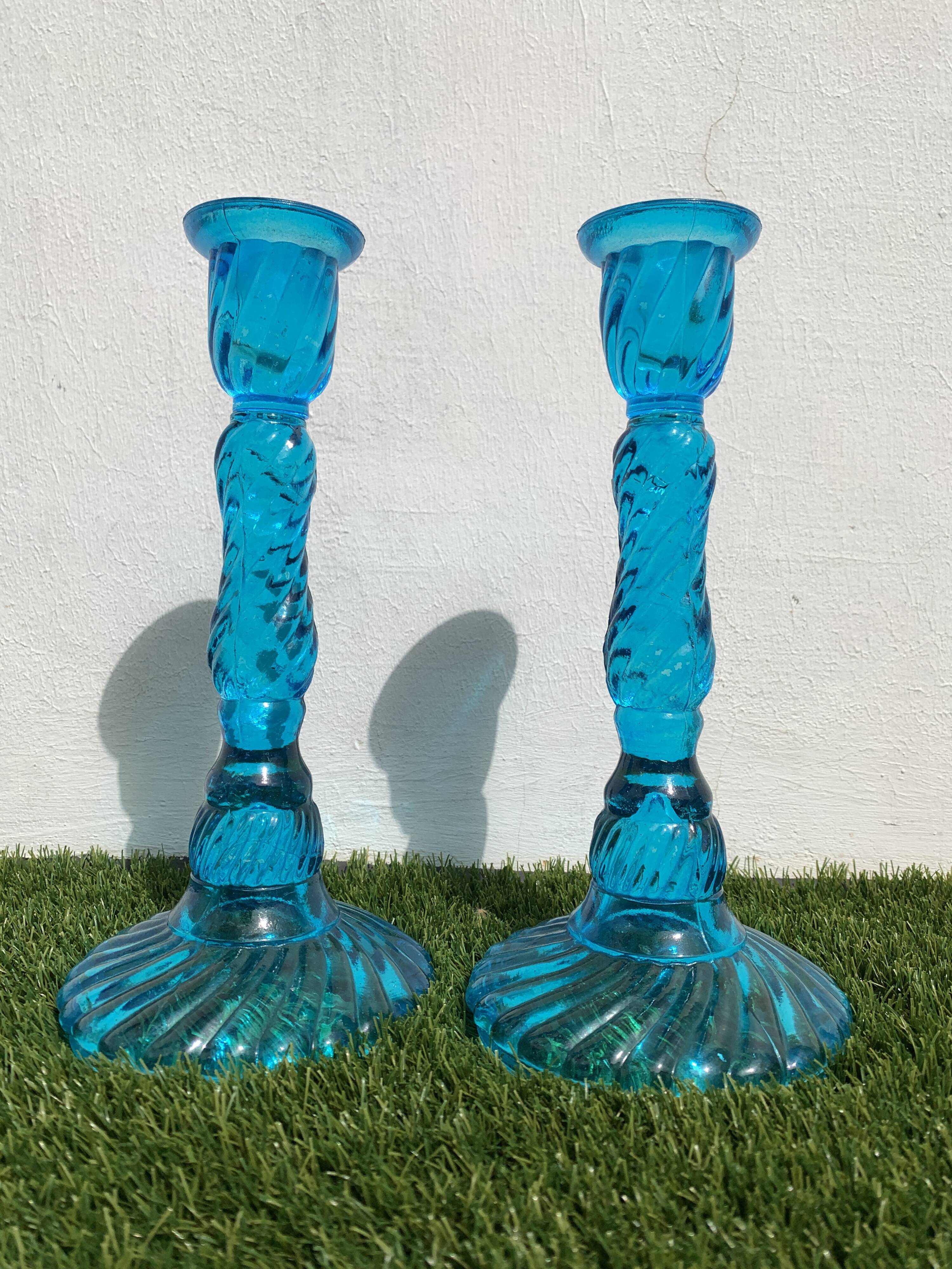 Pair of molded pressed blue glass candle holders