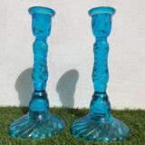 Pair of molded pressed blue glass candle holders
