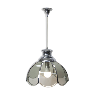 Suspension florale en métal chromé et verre grisé 1970
