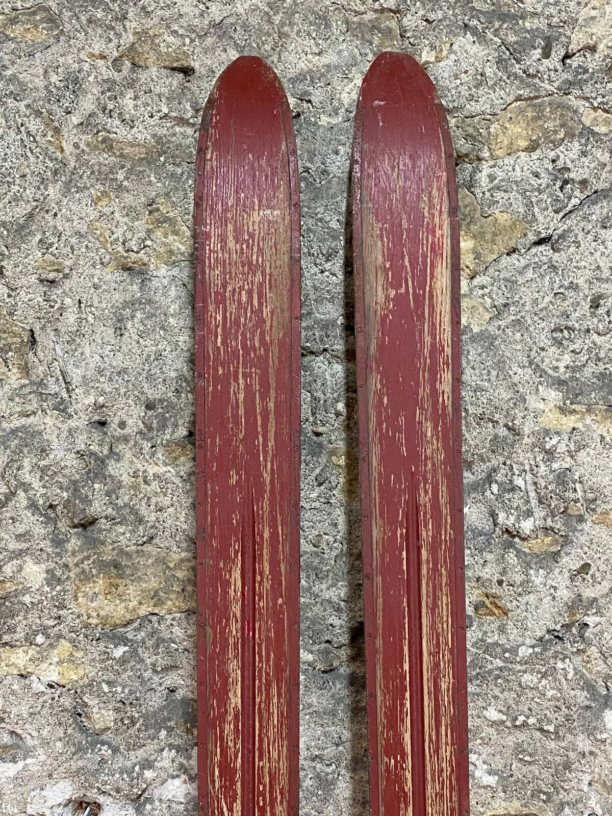 Old Pair of Vintage Blue & White Wooden Skis Mountain Chalet Decor - 218 cm