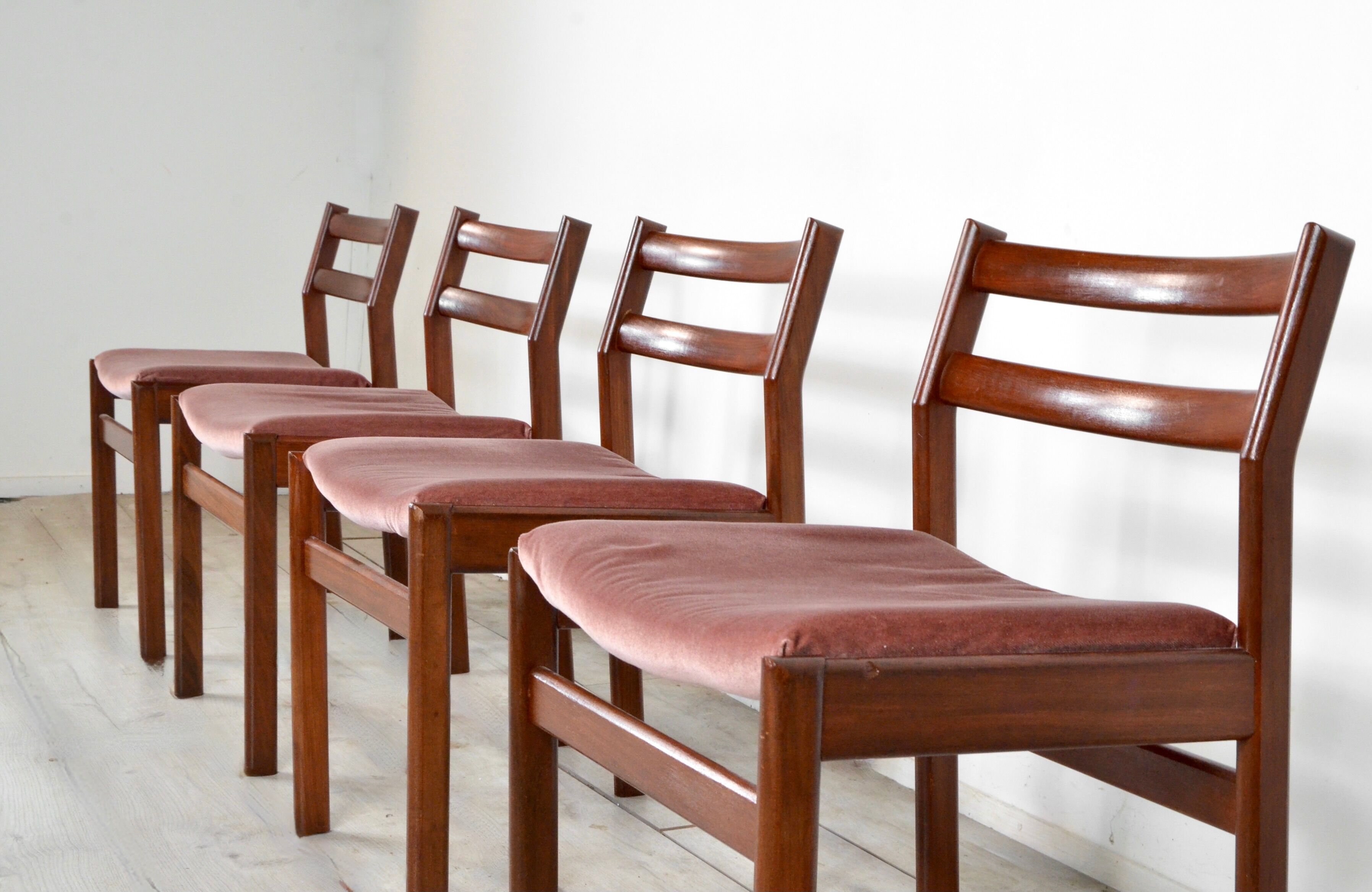 Set of 4 Midcentury Teak and Velvet Chairs by White and Newton