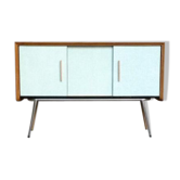 Meuble buffet vintage formica bleu pied métal et chêne tourné