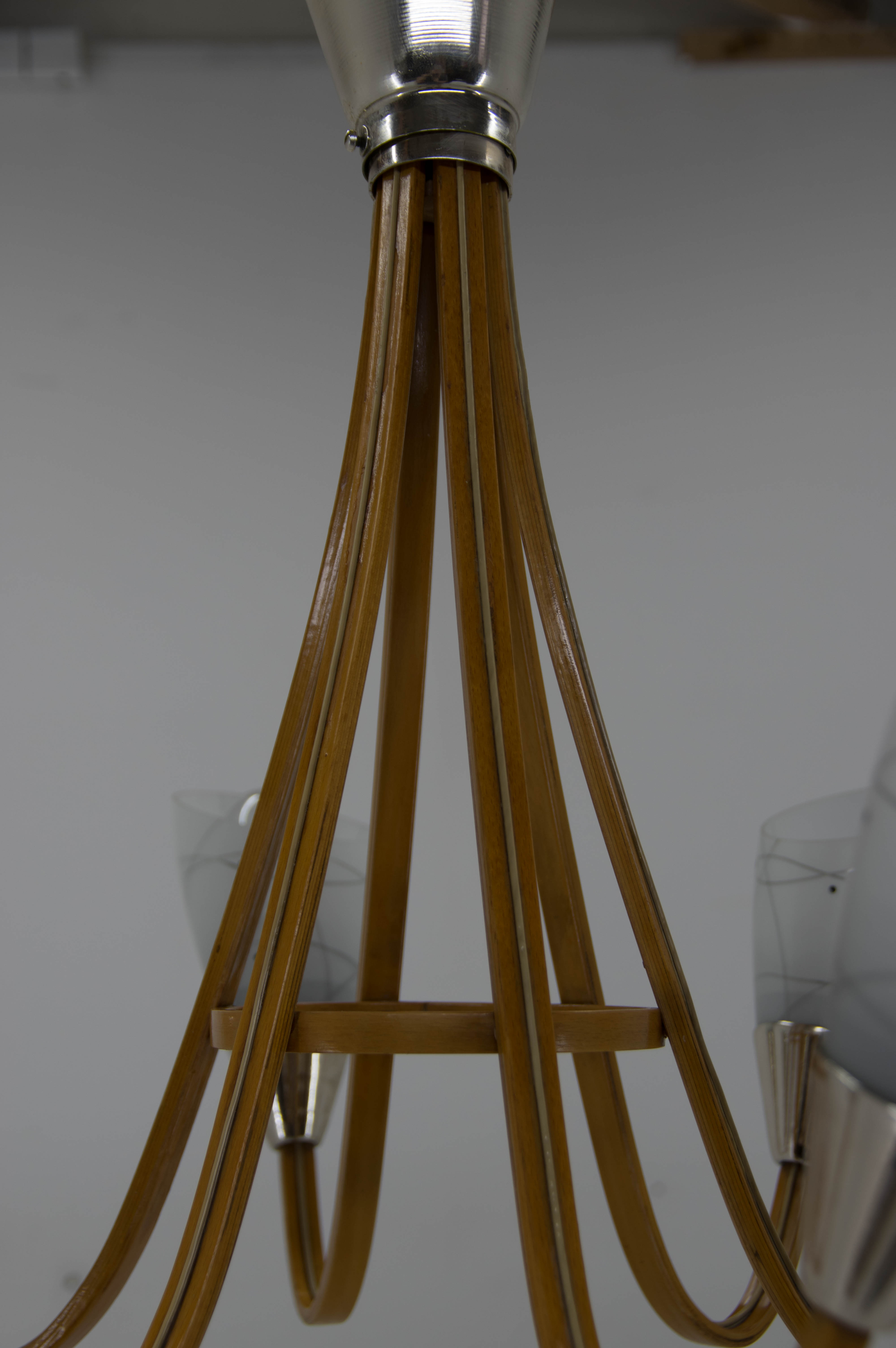 Mid-Century Wood & Glass Chandelier by Dřevo Humpolec, 1960s