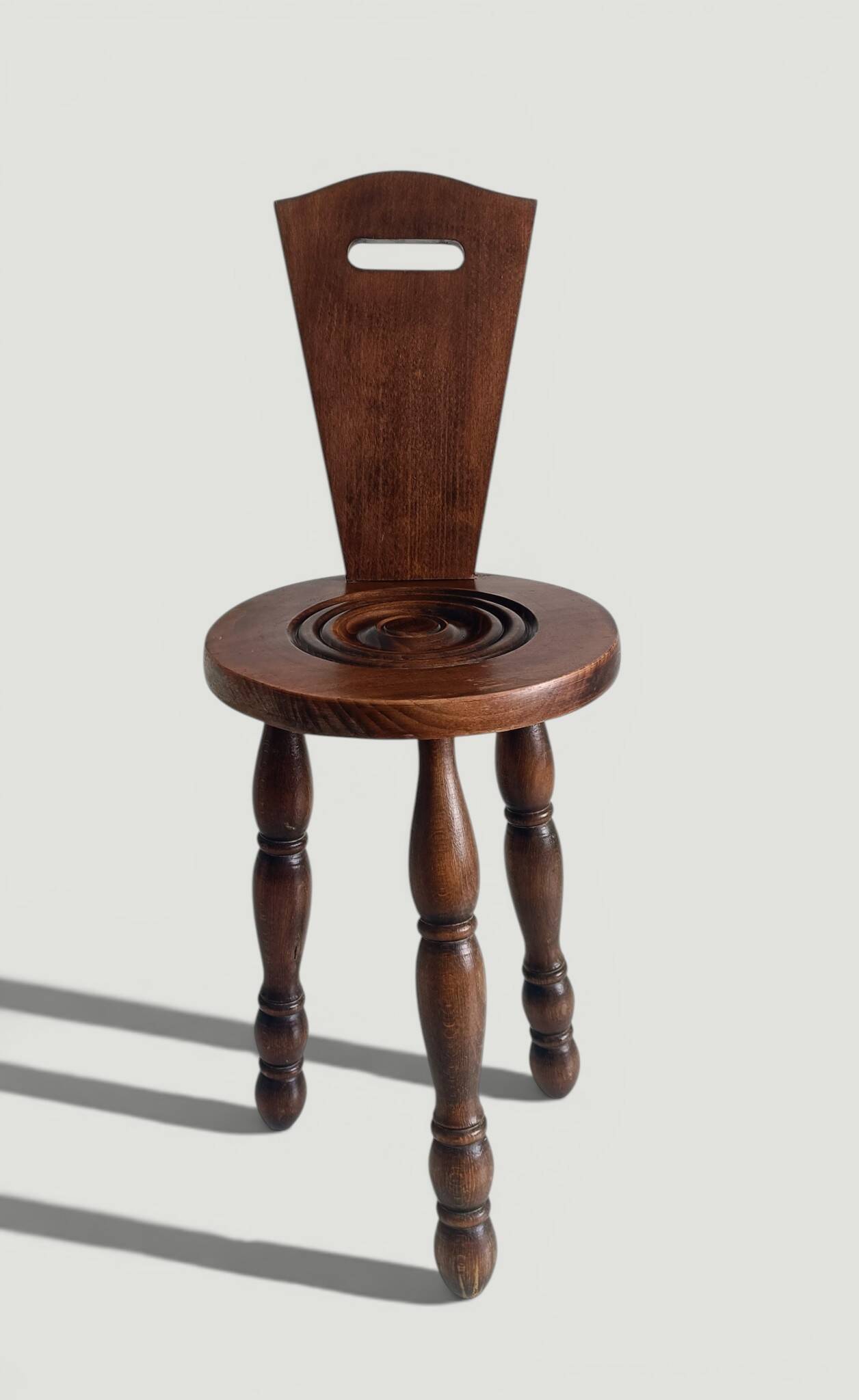 Folk Art Chestnut Wood Tripod Chair, Charles Dudouyt Style, France, 1930s