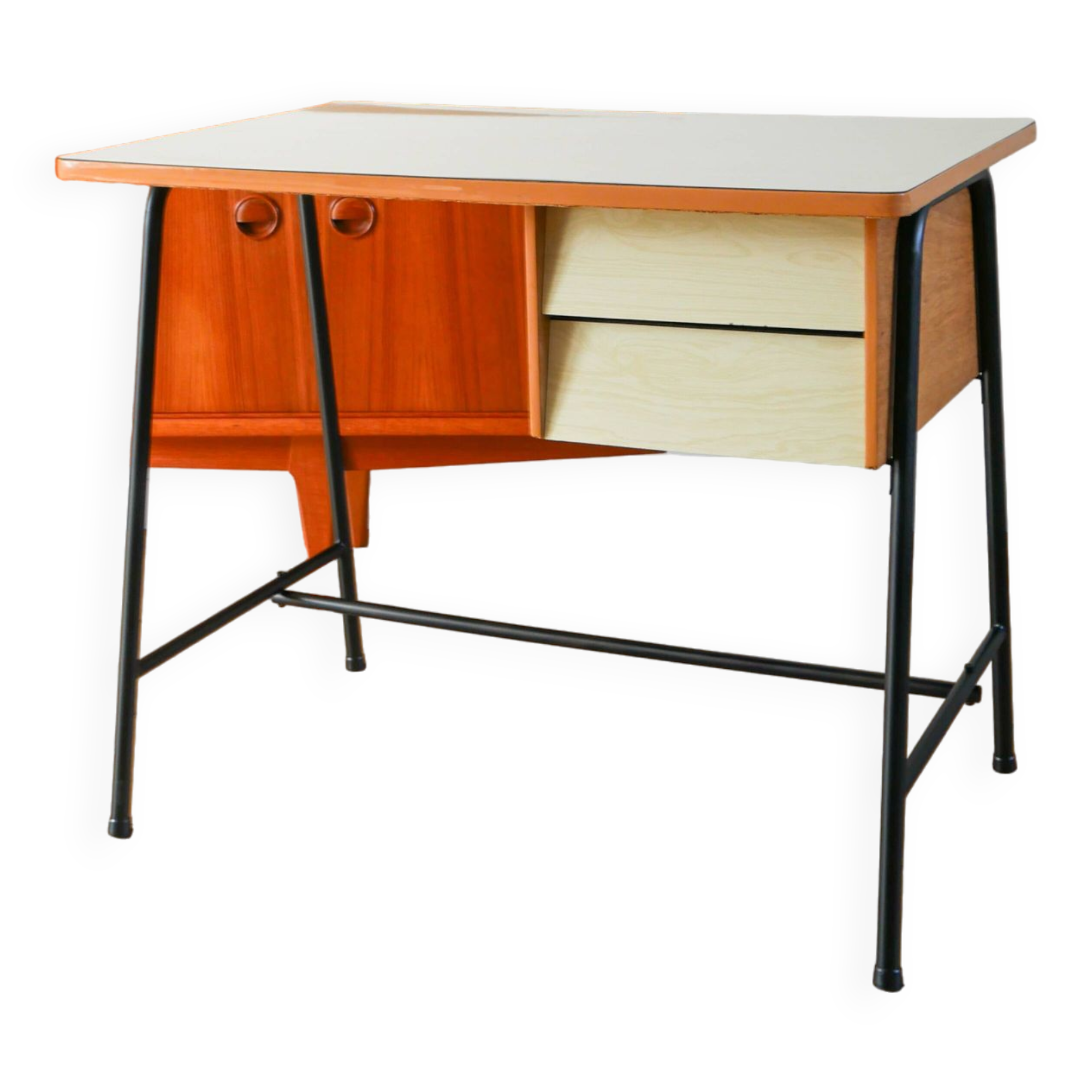 Formica, beech and black metal desk, Modernist Design, 1960