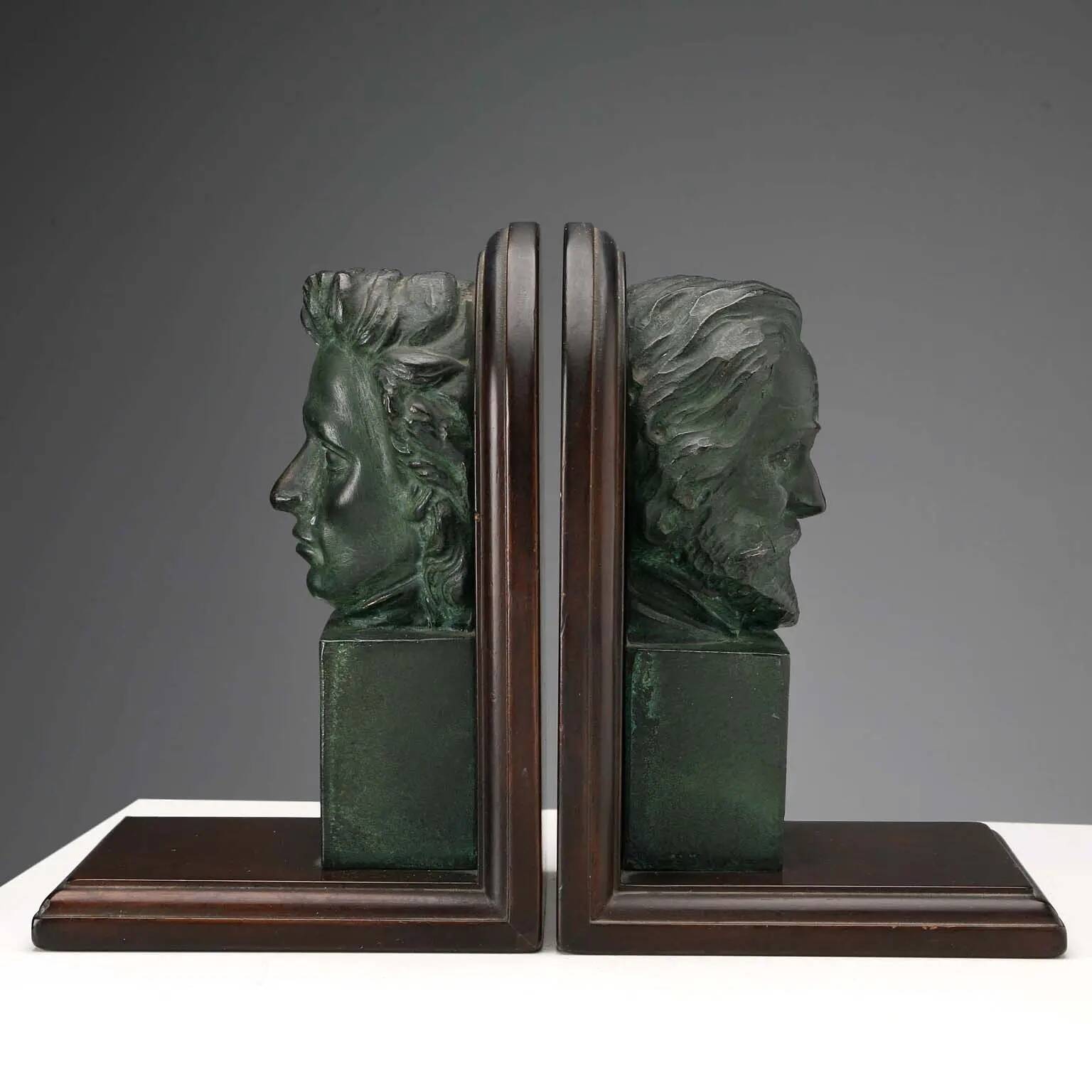 Vintage pair of bronze and wood bookends Verdi Chopin design 1960s-1970s