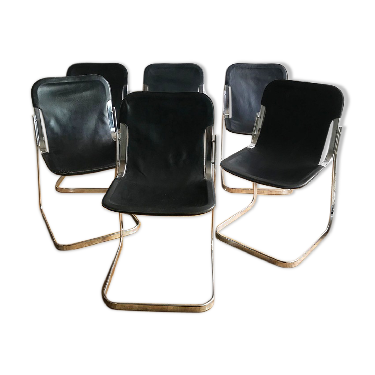 Set of 6 chairs in chrome metal and black leather - 1970