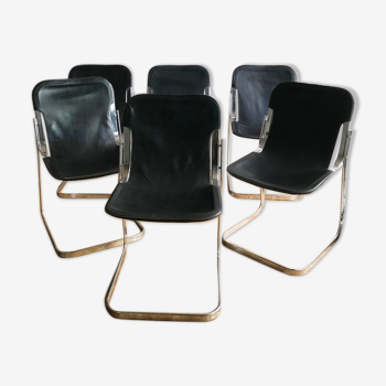 Ensemble de 6 chaises en métal chromé et cuir noir - 1970