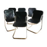Set of 6 chairs in chrome metal and black leather - 1970