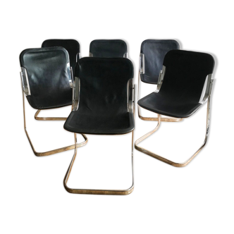 Set of 6 chairs in chrome metal and black leather - 1970