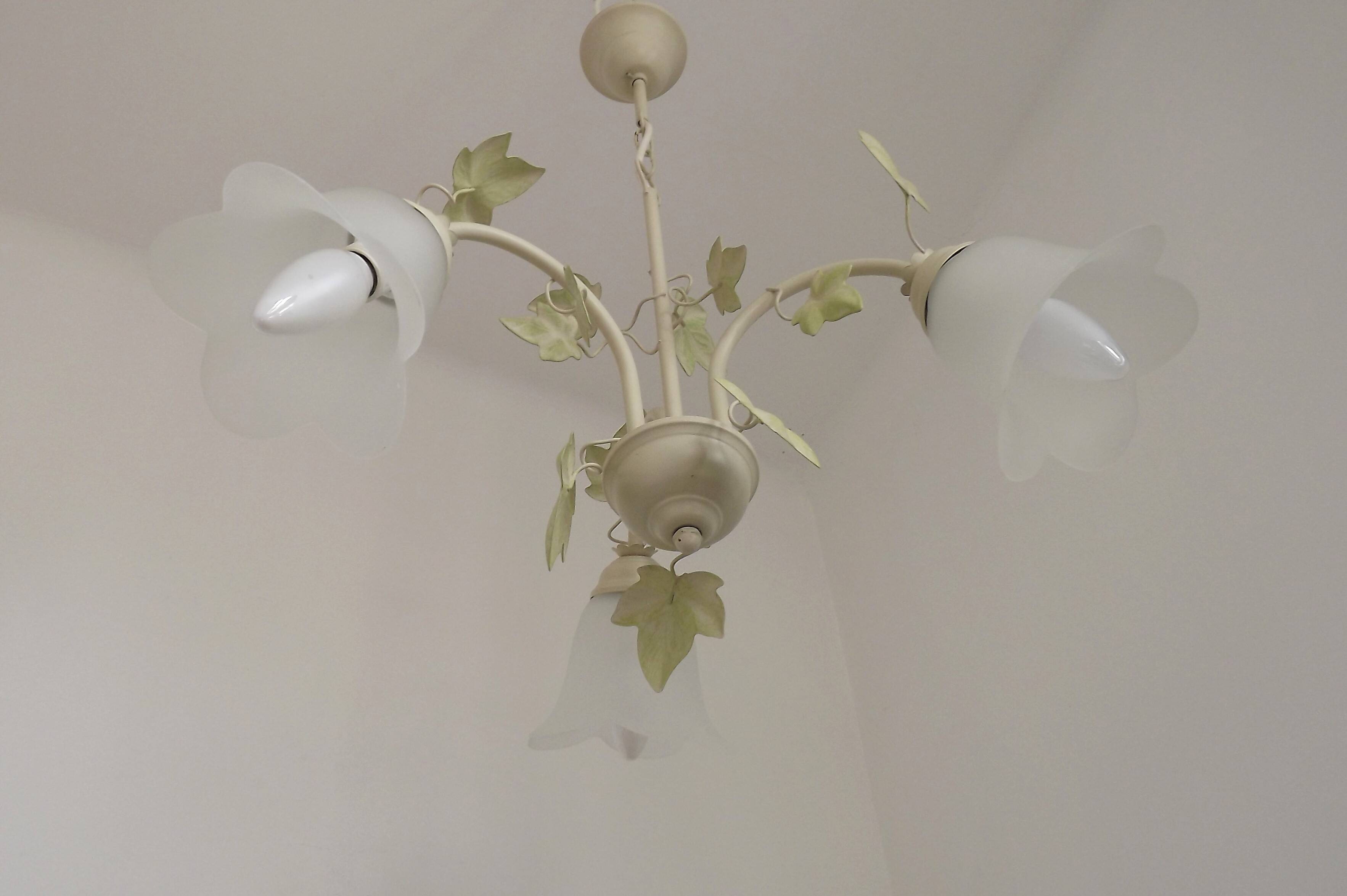 French Vintage 3 Light Green Ivy Chandelier with Opaque Glass Shades