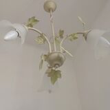 French Vintage 3 Light Green Ivy Chandelier with Opaque Glass Shades