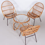 Art Deco Rattan Seating Set Designed by Alna Fuchs, Chairs and Table, Czechia, 1940s
