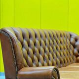 Vintage Chesterfield Brown Leather High Back sofa and Armchairs, Set of 3