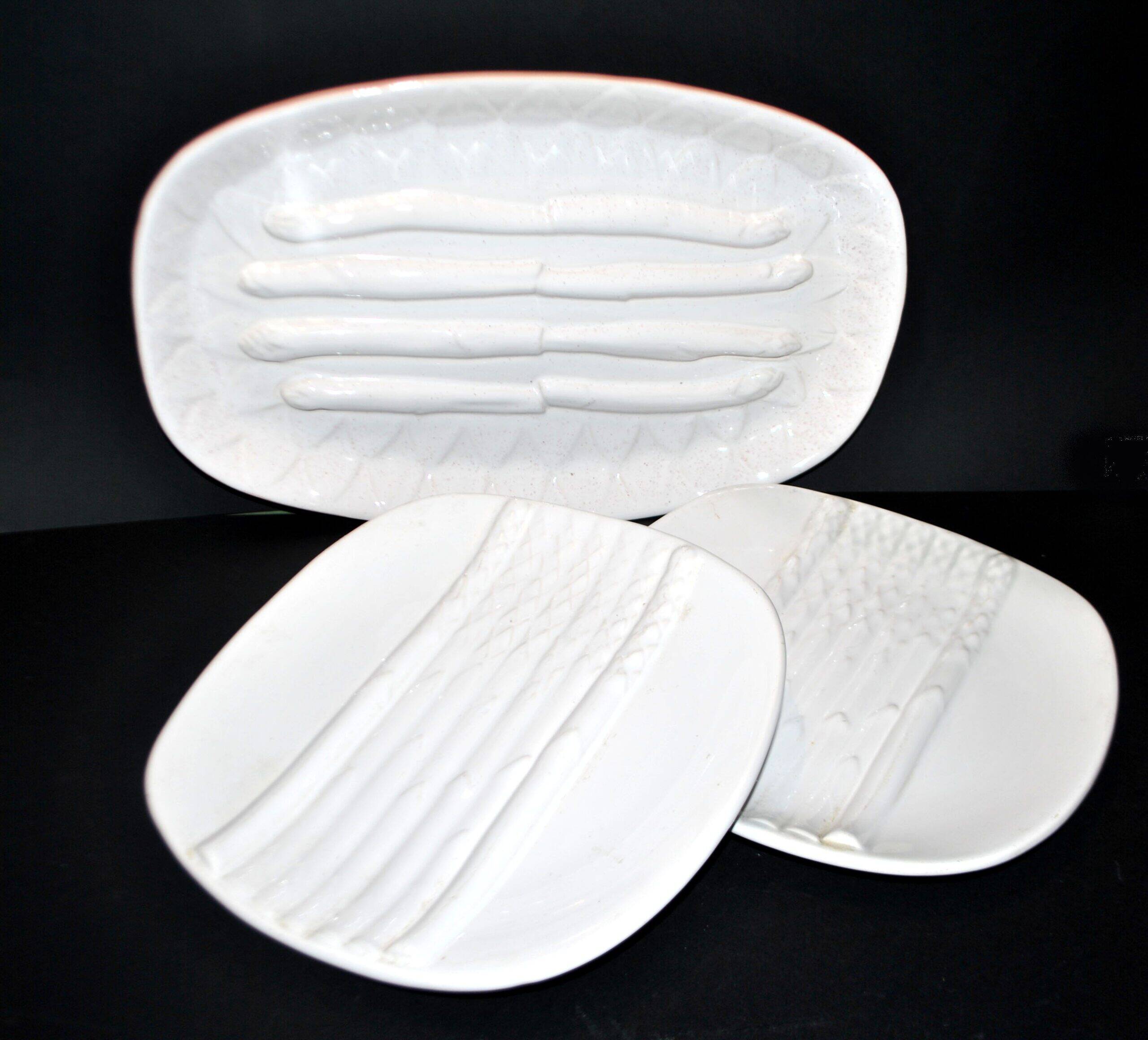 Asparagus set: 2 plates + asparagus dish in antique earthenware