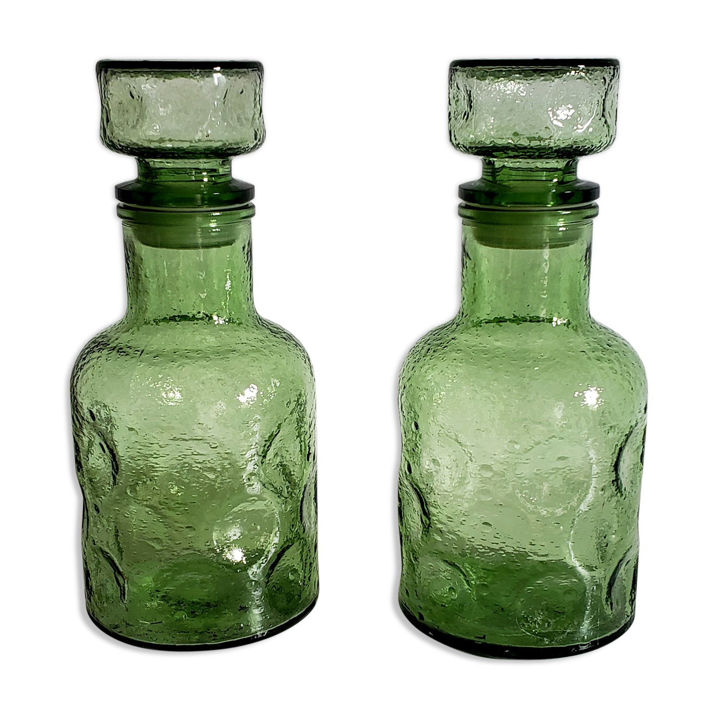 Pair of green decanters