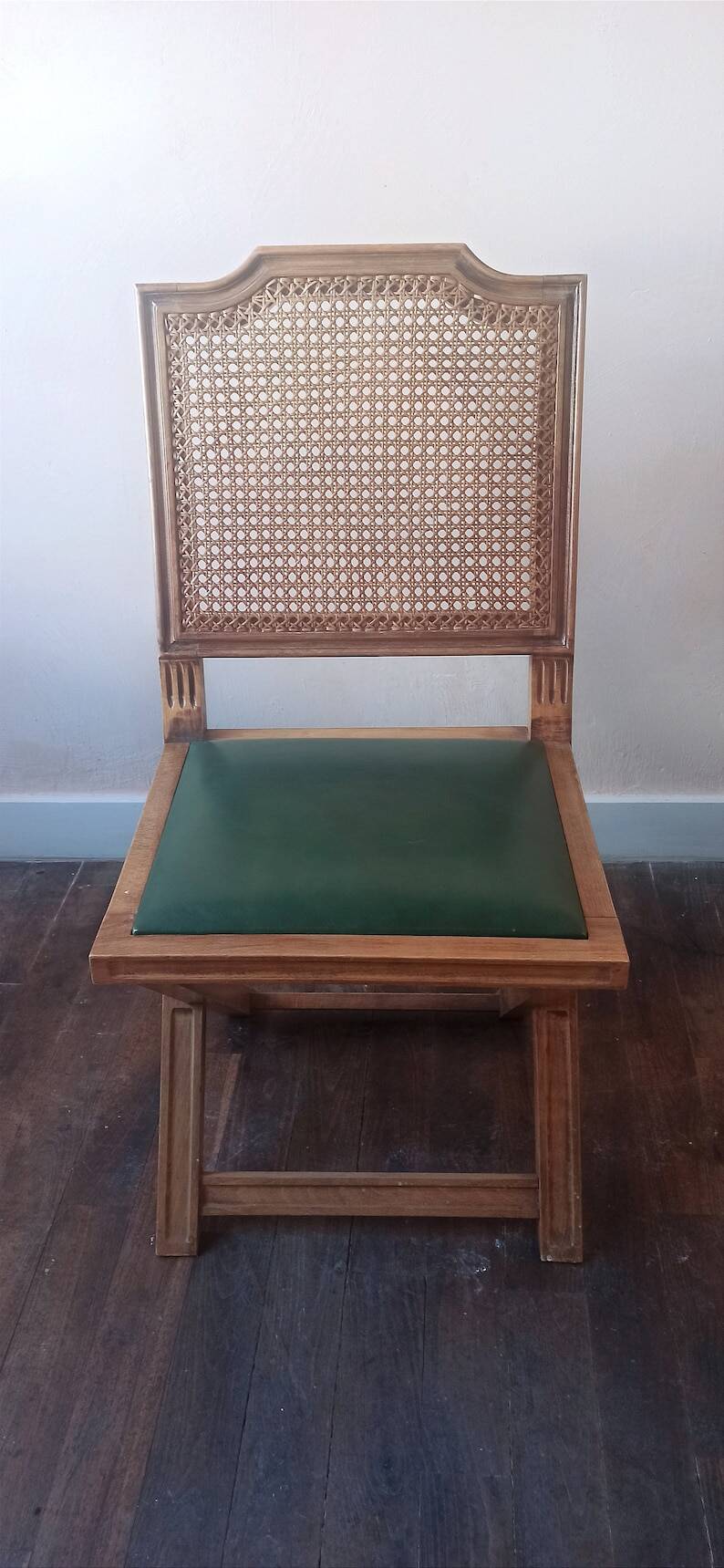 Set of 6 vintage French chairs in solid wood, canework and sky green